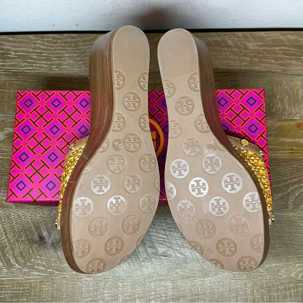 Tory Burch Straw and Leather Wedge Sandal Size 10.5